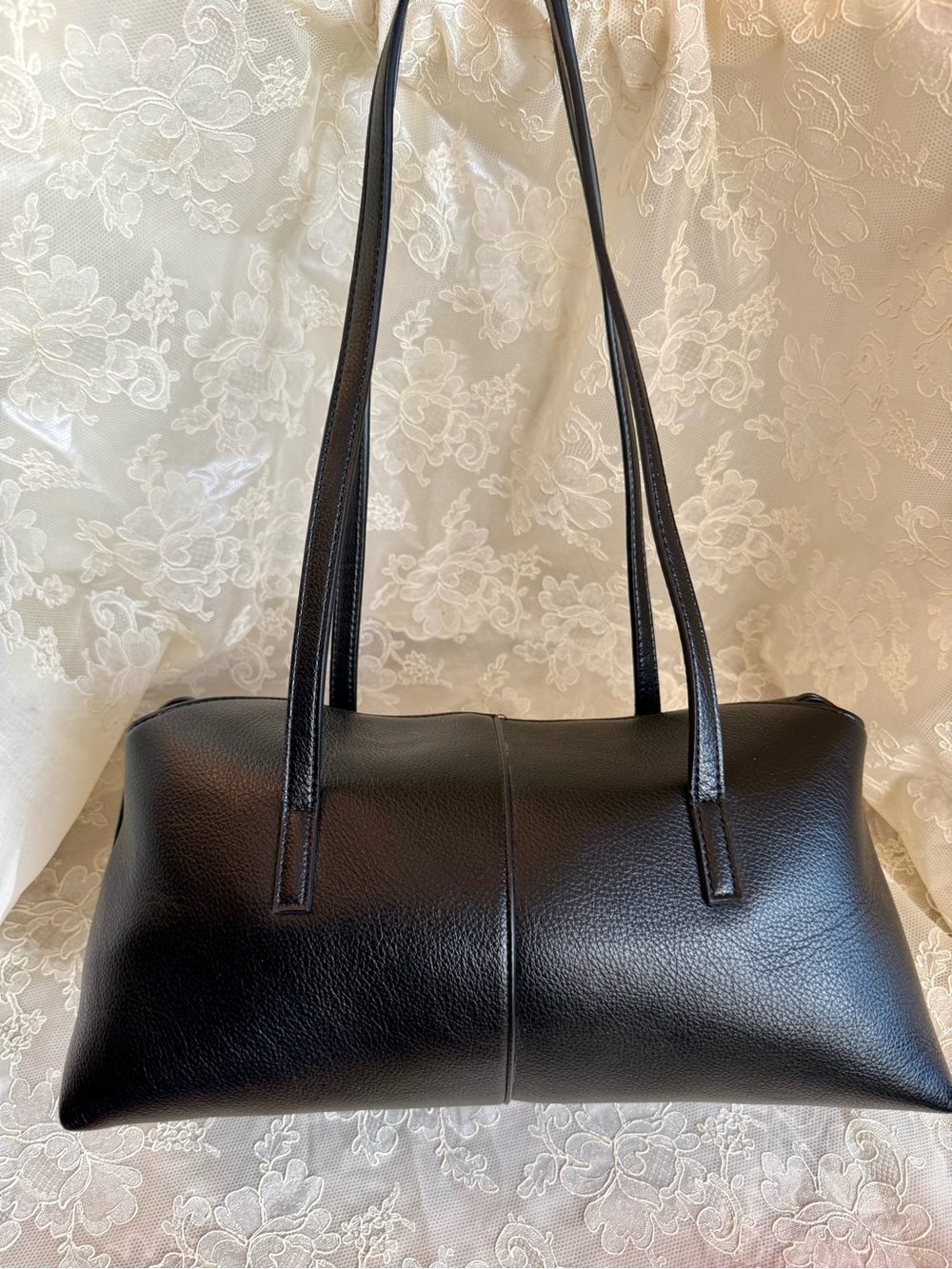 Rachel Zoe Black Faux Pebble Leather Baguette East West Tote Bag Minimalist